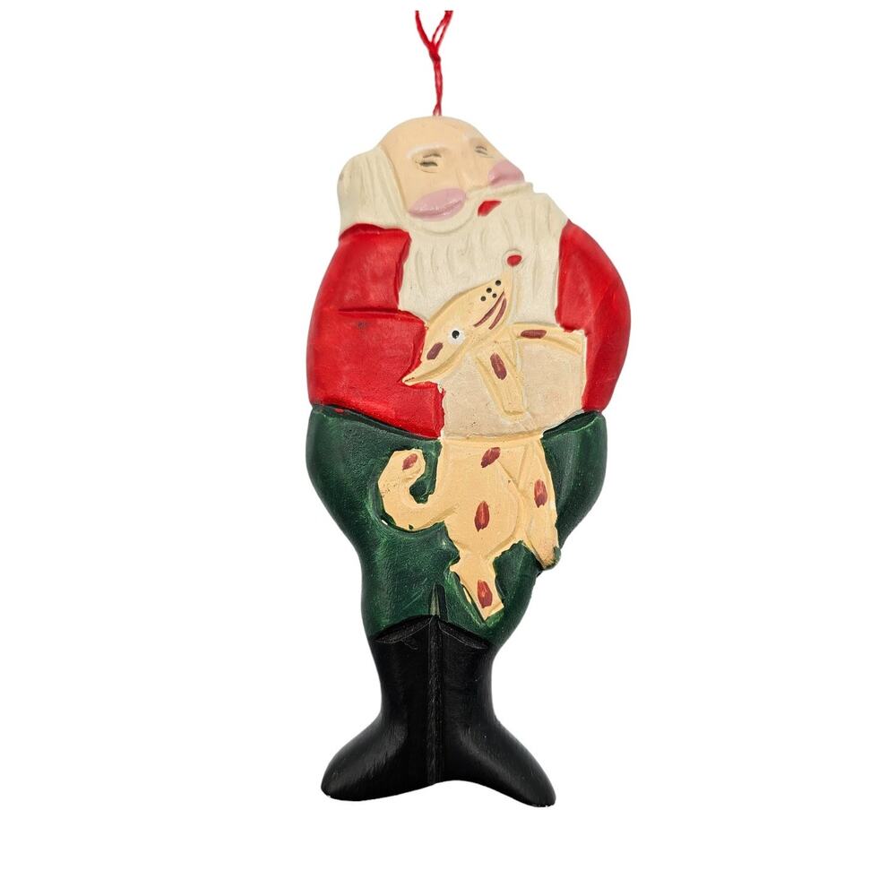 Wooden Hand Carved Asian Santa Claus Christmas Hanging Ornament 5.5" Tall